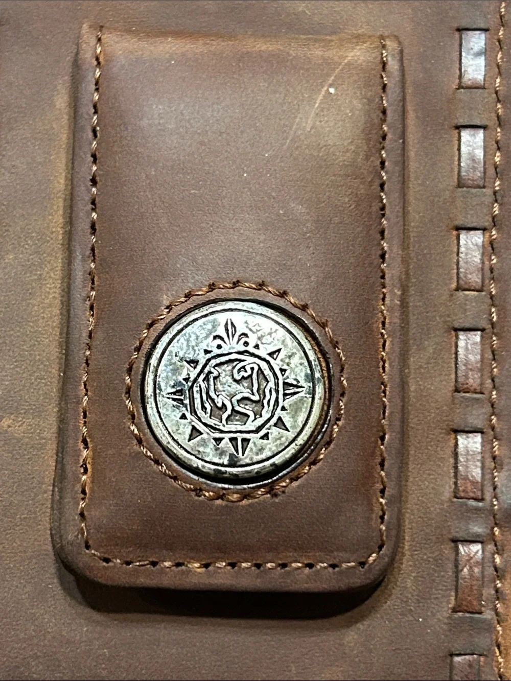 Classic Brown Leather Magnetic Money Clip Card Holder with Silver Concho